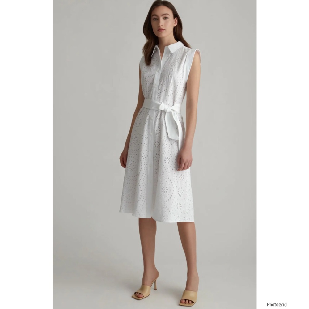 Sleeveless Eyelet Shirt Dress with Waist Tie - White